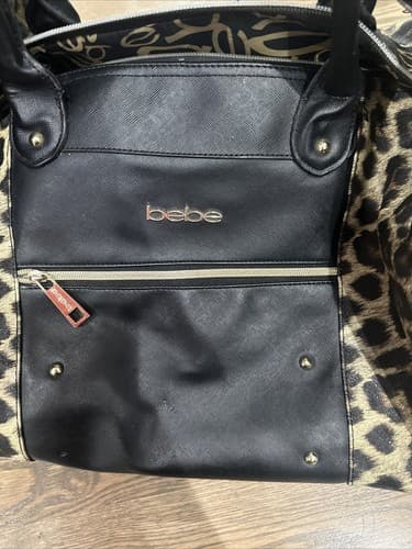 BEBE Black Duffel Bag With Brown Leopard Animal Print - Thumbnail 2