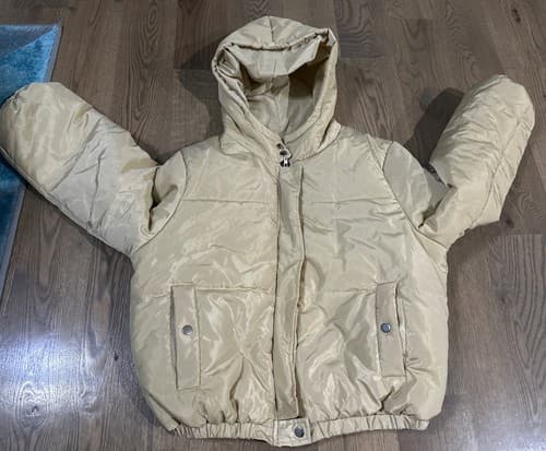 Ladies/juniors Puffer Coat With Hoodie & Pockets Zip Up Jacket Ivory/beige XL - Image 1