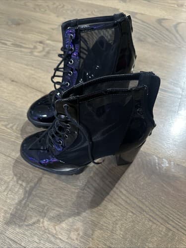 Womens shiny patent leather lace up Chunky Heel Ankle Boots pumps party Shoes 8 - Thumbnail 3