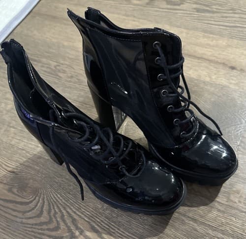 Womens shiny patent leather lace up Chunky Heel Ankle Boots pumps party Shoes 8 - Image 1