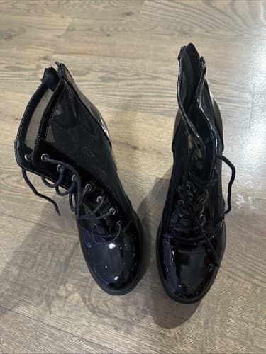 Womens shiny patent leather lace up Chunky Heel Ankle Boots pumps party Shoes 8 - Thumbnail 2