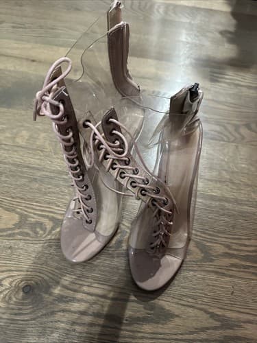 Transparent Clear Sandals Peep Toe Block Heel Women's Ankle Boots Lace Up 38 - Image 1