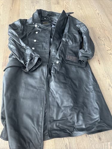 Mens Genuine Black Real Leather Long Jacket Button Up Size 3XL New - Image 1