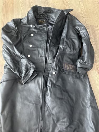 Mens Genuine Black Real Leather Long Jacket Button Up Size 3XL New - Thumbnail 3