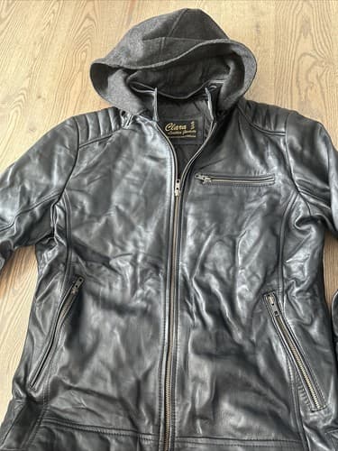Mens Genuine Black Real Leather Jacket Hooded Size Small New - Thumbnail 2