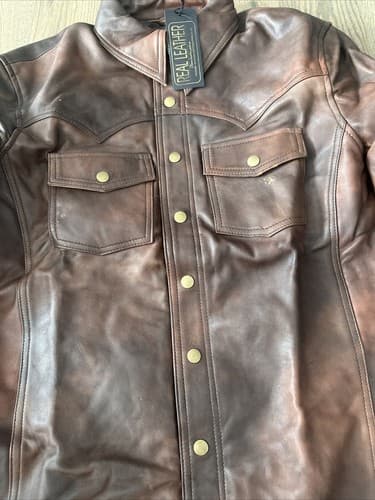 Mens Genuine Brown Real Leather Jacket With Buttons Size Medium New - Thumbnail 2