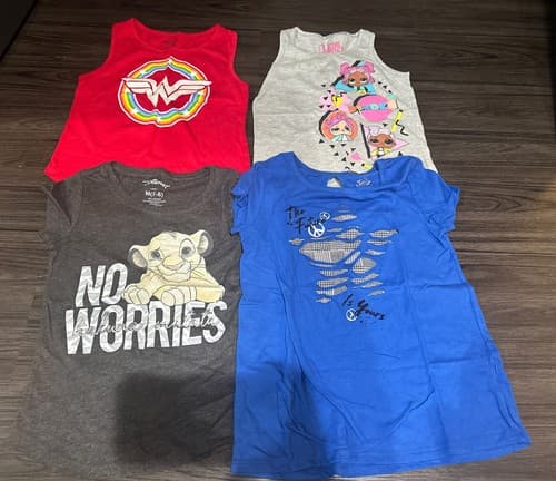 Lot Of 4 Girls T Shirts - Disney, L.O.L, Wonder Woman, Justice Size Medium 7-8 - Image 1