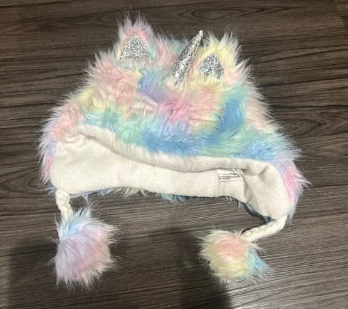 Jusitce Unicorn Snow Hat fleece rainbow furry pom girls Size 7/8 - Image 1