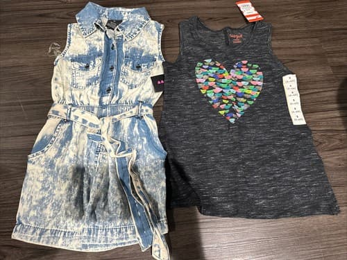 Girls Soft Denim Blue Romper And Tank Top Shirt Size S (6/6X) New - Image 1