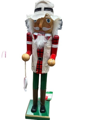 Collector's Choice Nutcracker 15" Wooden Fisherman Wearing Hat Fishing Pole Sant - Image 1