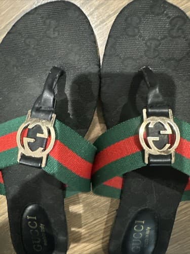 Gucci Auth Women 7.5 US Black Embossed Web GG Thong Sandals Flats Shoes - Thumbnail 2