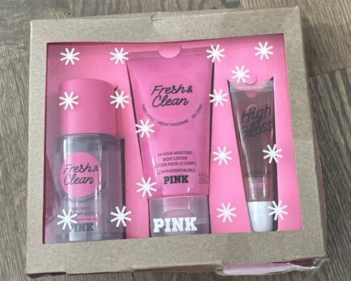 VICTORIA SECRET PINK Fresh & Clean BODY MIST & LOTION /LIP GLOSS GIFT SET - Image 1
