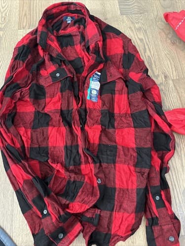 George Men Size XL Red/Black Check Button Up Knit Shirt Long Sleeve Light Flanel - Thumbnail 2