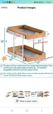 2 Tier Pull Out Cabinet Organizer 11" W X 21" D Slide Out Wood Shelf Organizer - Thumbnail 2