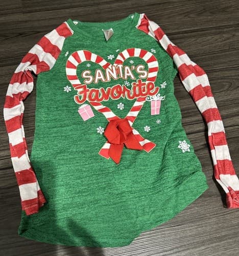 Holiday Time Sparkle Candy Canes Santa’s Favorite Long Sleeve Girls' Top S 6/6x - Image 1