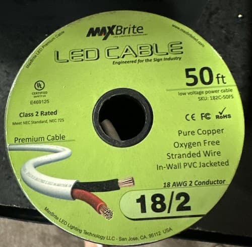 MaxBrite 50 ft. 18AWG Low Voltage LED Cable 2 Conductor Black Sleeve - Image 1