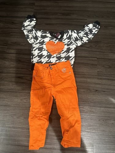 2T Baby Girl Two Piece Outfit Pullover Sweat & Orange Jean Leggings - Image 1