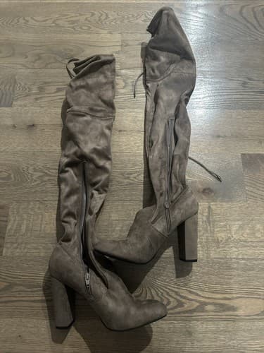 Womens Thigh High Faux Suede Heel Boots Taupe Size 9.5 - Image 1