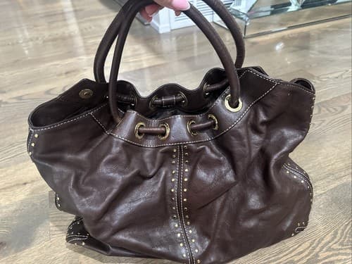 Michael Kors Brown Leather Large Studded Satchel Purse - Image 1