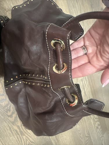 Michael Kors Brown Leather Large Studded Satchel Purse - Thumbnail 4