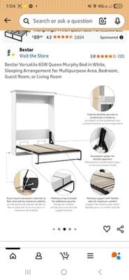 Hawthorne Collections Modern Queen Murphy Bed 65-inch Space-Saving in White - Thumbnail 3