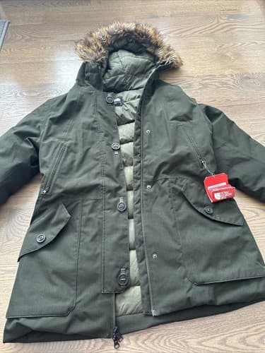 The North Face Womens Hood Fur Trim Down Puffer Coat Jacket Green Large New - Image 1