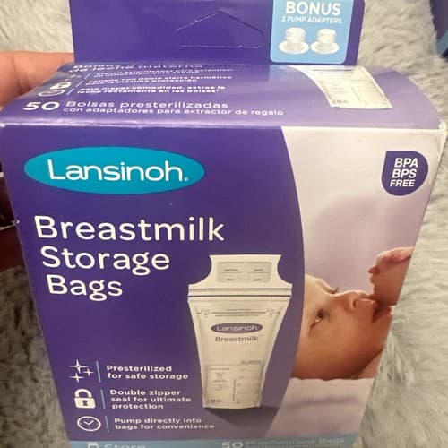 LANSINOH BREASTMILK STORAGE BAGS- 50 PRESTERILIZED BAGS & Bonus Pump Adaptors - Image 1