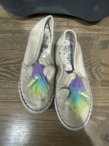cat & jack baby girl unicorn Slip-On shoes size 10 gold neon 3D - Image 1