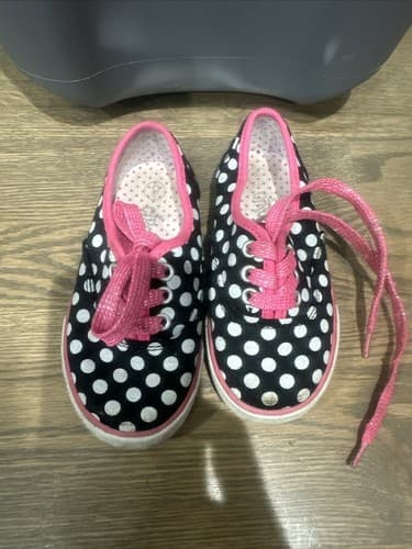 Girls Circo Size 9 Toddler Black White Polka Dot Shoes Pink Accents Cute - Image 1