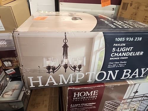 Hampton Bay Pavlen 5-Light Rustic Bronze Hanging Chandelier w Clear Glass Shades - Thumbnail 2