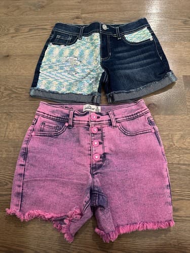 Jordache Girl's Size 10 Short Snap Front Cut Off Pink/blue Stretch Shorts 2 Pack - Image 1