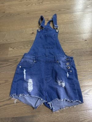Nivana Girls Size M Denim Distressed Overall Shorts Adjustable Shoulder - Image 1