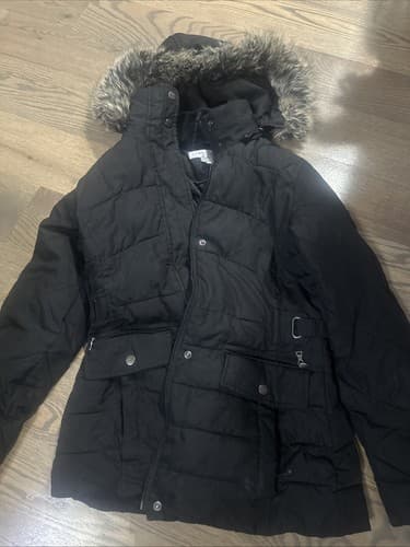 Larry Levine Womens Down Coat Parka Puffer Black Size XS Faux Fur Hood Trim - Image 1