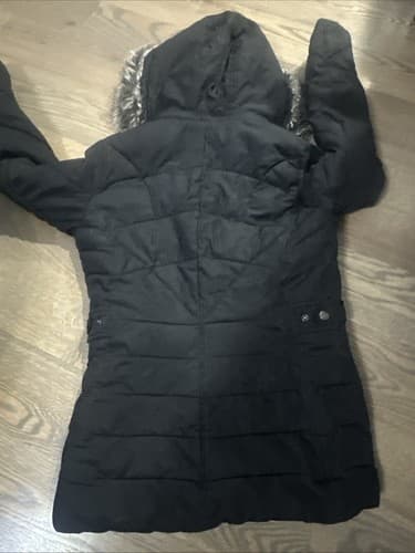 Larry Levine Womens Down Coat Parka Puffer Black Size XS Faux Fur Hood Trim - Thumbnail 2