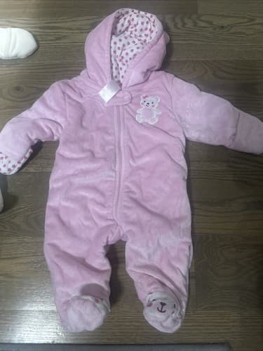 Carters Baby Snow Suit Girl Pink One Piece Hooded Size 0/3m - Image 1