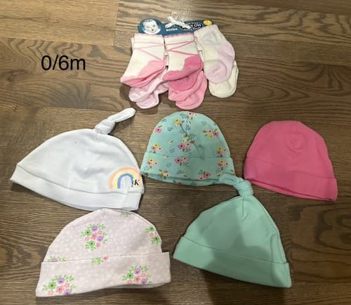 Size 0/6 Month Baby Girl Soft Hats Bundle Plus Baby Socks - Image 1