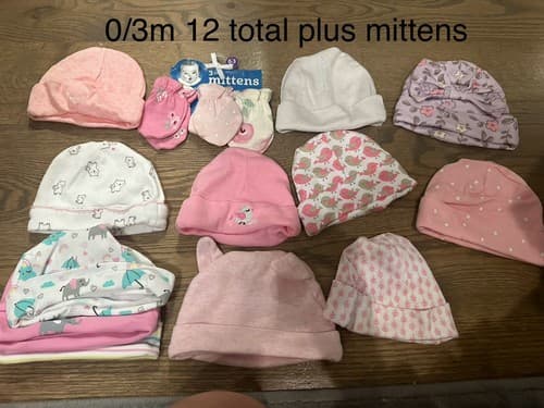 Newborn Baby Girl Soft Hats Bundle 0-3 Months 12 Pieces Plus Baby Mittens - Image 1