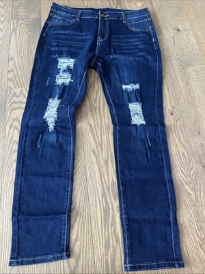 Roswear Women’s Ripped Mid Rise Skinny Jeans Slate Blue XL - Image 1