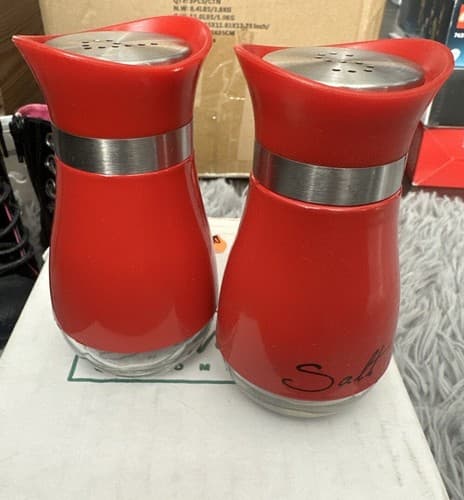 Salt and Pepper Shakers (2-Pc. Set) Modern Red W/Clear Glass Bottom - Image 1