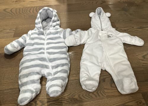 Baby Snowsuit Winter Coat Size 0-3 Months in white And White And Gray Stripes - Image 1
