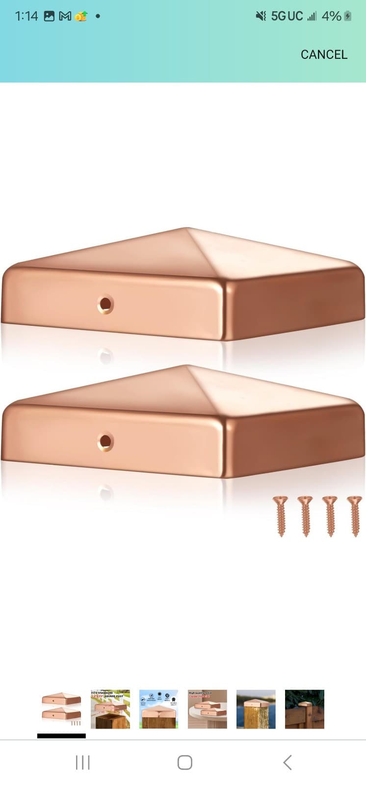 Tandefio 2 Pcs 3.5x3.5'' Solid Copper Post Caps 4x4 Fence Pyramid Decking Cap... - Image 1