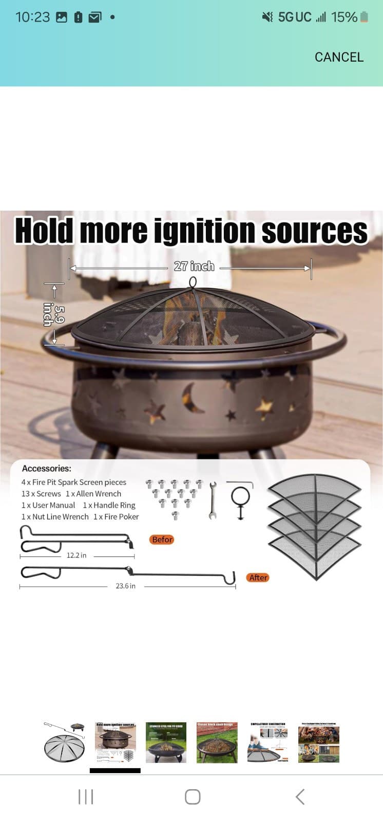 27 Inch Fire Pit Screen Heavy Duty Spark Guard W/ Handle & Poker Camping New - Thumbnail 2