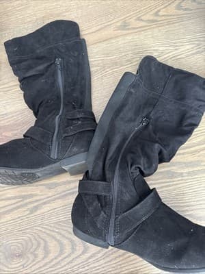 Women's Black Suede Flat Heel Zip Mid Calf Boots Shoes Size 8.5 - Thumbnail 3