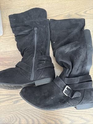 Women's Black Suede Flat Heel Zip Mid Calf Boots Shoes Size 8.5 - Thumbnail 2