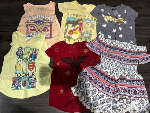 Lot Of 5 Girls T Shirts And One Romper- Short Sleeve Size XS (4/5) - Image 1