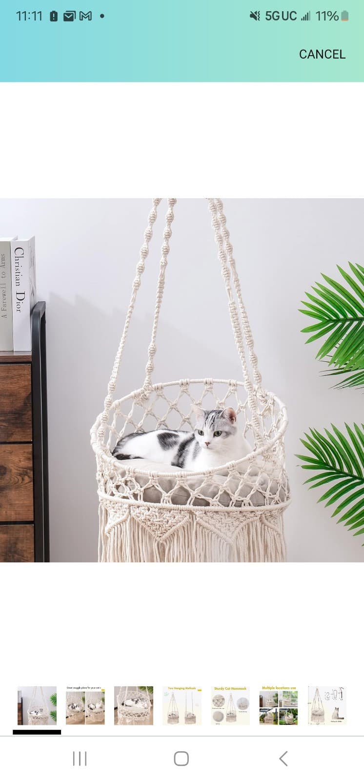 MEWOOFUN Macrame Cat Hammock, Hanging Cat Bed Hammock Cat Swing for Indoor Cats - Image 1