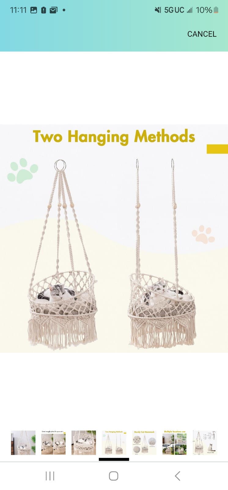 MEWOOFUN Macrame Cat Hammock, Hanging Cat Bed Hammock Cat Swing for Indoor Cats - Thumbnail 2