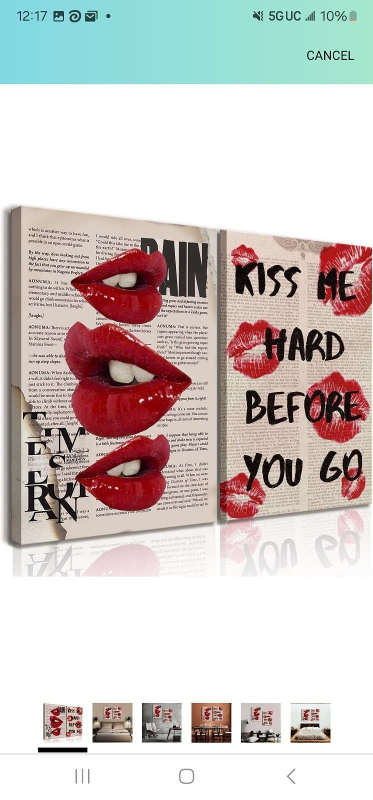 2Pcs Fashion Canvas Wall Art Trendy Preppy Wall Decor Funky Red Lips - Thumbnail 2