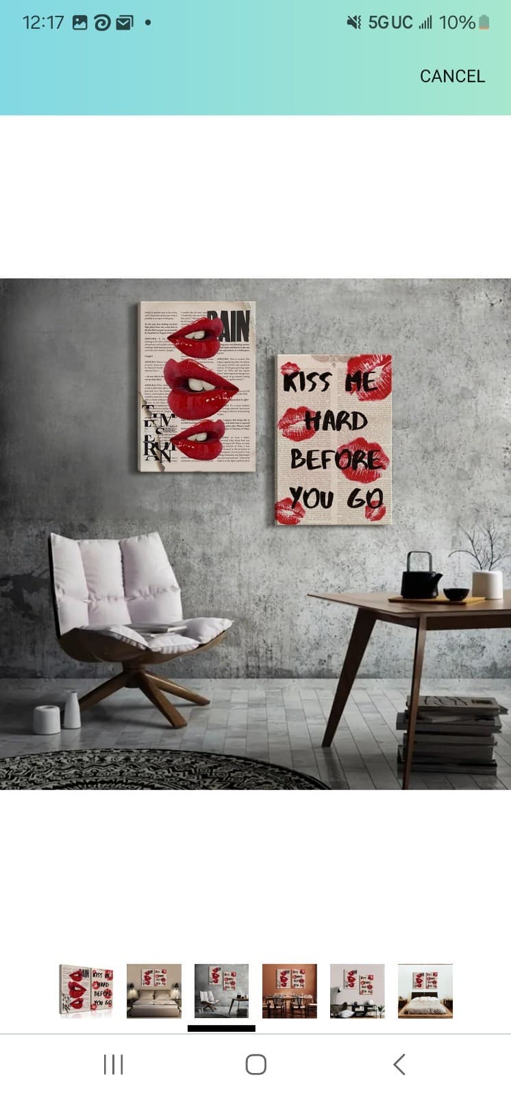 2Pcs Fashion Canvas Wall Art Trendy Preppy Wall Decor Funky Red Lips - Image 1