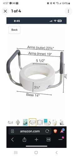 Raised Elevated Toilet Seat Riser w/Aluminum Arms For Elongated Toilet New - Image 1